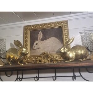 Vintage ornate gold frame with new canvas white rabbit print